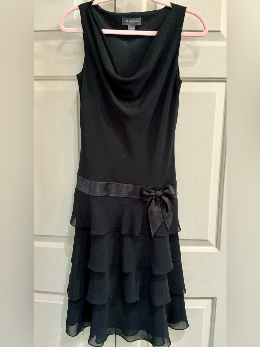 Liz Claiborne Black Sleeveless Cowl Neck Tiered Cocktail Dress with Satin Bow